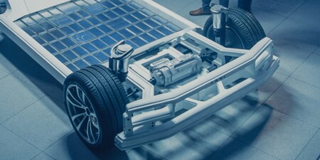 Electric Car Chassis Platform,   Vehicle Frame with Wheels, Engine and Battery.

