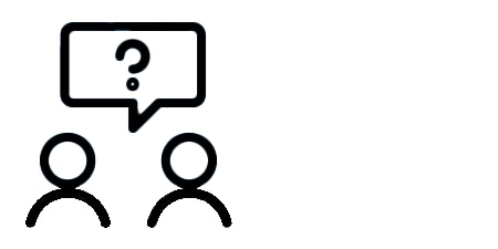 outline of two people and a chat bubble with questionmark
