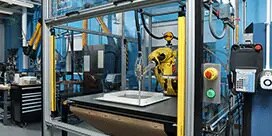 A piece of machinery applies adhesive to a product
