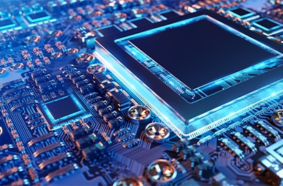Close-up of a futuristic electronic circuit board with various electronic components.