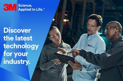 Image of three lab workers viewing a tablet with text Discover the latest technology for your industry
