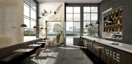 Interior of a clean, bright and modern café.
