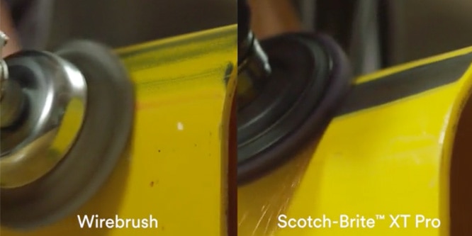 Video showing usage of an abrasive disc for rust, paint, mill scale removal
