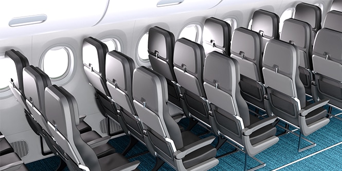 Rendering of aircraft interior seat row backs.

