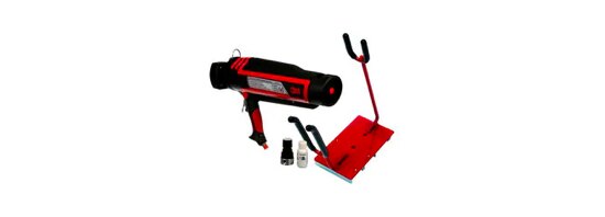 A handheld adhesive applicator, a tool-mounting stand and two small bottles.
