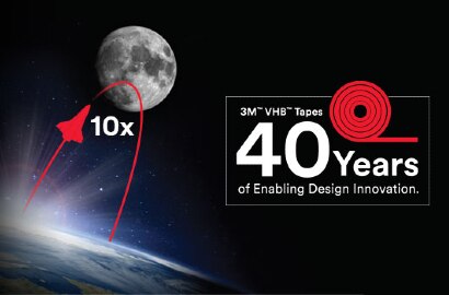 Image of the moon above the earth with a graphic for 10X with text that reads 3M&trade; VHB&trade; Tapes 40 Years of Enabling Design Innovation.