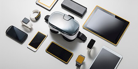 a collection of multiple smart devices including smart phones, smart watches and wearables, an AR/VR headset, tablets, and smart speakers.
