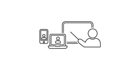 Black line illustration of person teaching on a chalkboard and people viewing on their phone and computer

