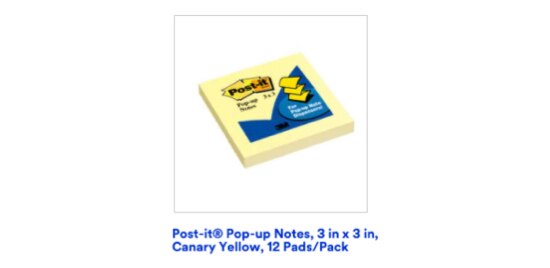 A screenshot of the 3M product catalogue showing a pack of canary yellow Post-it® Pop-up Notes.
