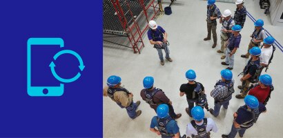 Icon of network-connected smartphone with image of workers receiving training in PPE