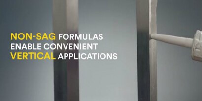 Video still of a vertical application and the caption Non-Sag Formulas Enable Convenient Vertical Applications
