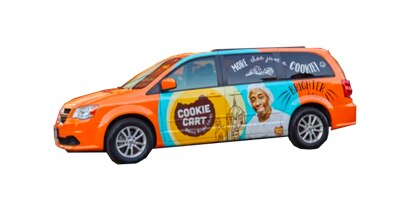 Minivan with colorful fleet graphics reading “Cookie Cart.”
