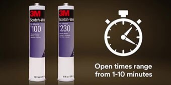 Video still of two different tubes of 3M™ Scotch-Weld™ PUR Adhesive with the caption “Open times range from 1-10 minutes”
