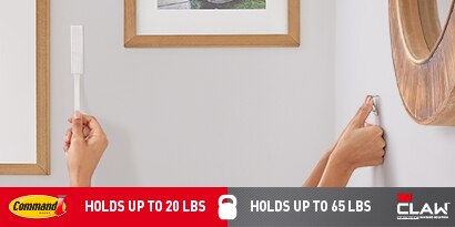 Command™ Brand Products hang items up to 20 lbs. 3M CLAW™ drywall picture hangers hold up to 65 lbs.

