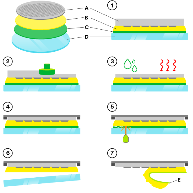 Graphic showing temporary bonding and debonding process flow.
