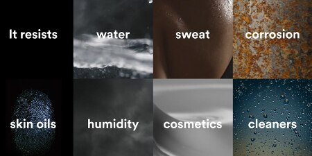 Image of distinct images with text “It resists water-sweat-corrosion-skin oils-humidity-cosmetics-cleaners”
