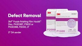 Remove defects with 3M™ Purple Finishing Film Hookit™ Disc PN 30367, P1500 or PN30366 P200 3