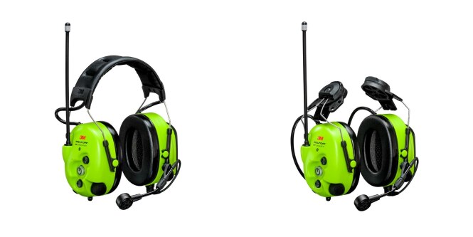 3M Peltor LiteCom Pro bright yellow headset and hard hart attached
