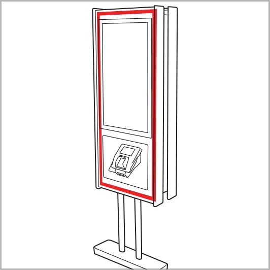 Line drawing of a sign base with red lines where 3M™ Dual Lock™ can be used for changeable signs
