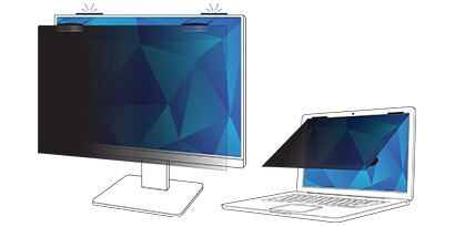 A monitor and laptop with 3M™ Black Privacy Filters on the screens

