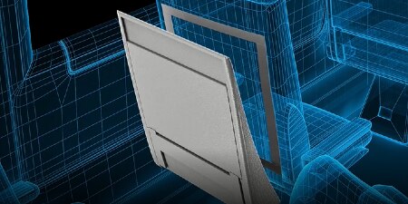Computer rendering of a mass transit seat showing the fold-down tray for the seat behind
