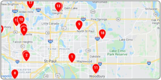 An online map with several red location pins on it.
