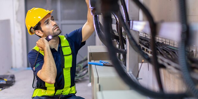 worker inspecting electrical cables
