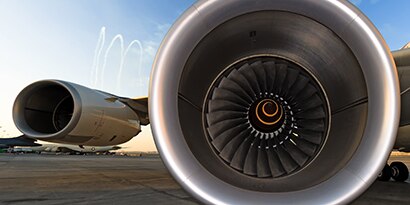 Aircraft wing and engine front view into engine
