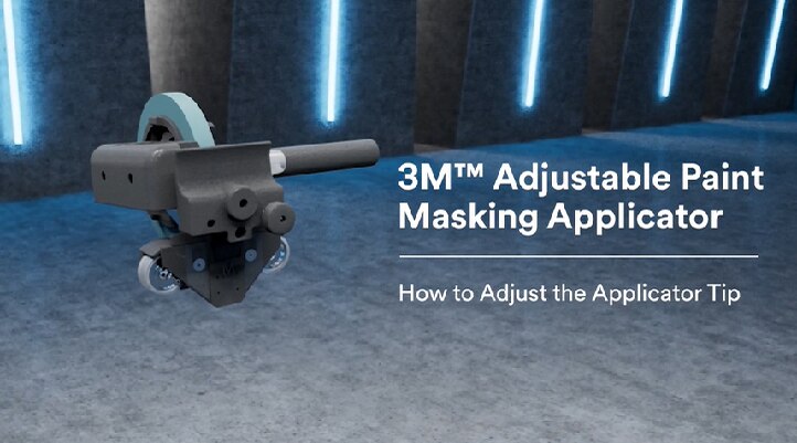 Video still of the tool with text “3M™ Adjustable Paint Masking Applicator: Adjust the Applicator Tip”
