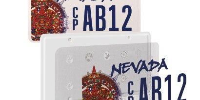 Exploded view of 3M™ High Definition License Plate Sheeting featuring 3M™ Dynamic Security Script markings.
