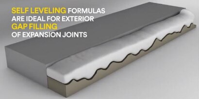 Video still of a cutaway view and the caption Self Leveling Formulas are Ideal for Exterior Gap Filling of Expansion Joints
