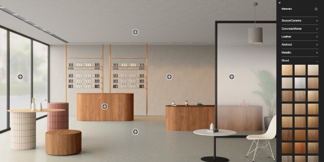 Example interface of Visualizer Tool showcasing wood grain options to be applied to retail interior setting.
