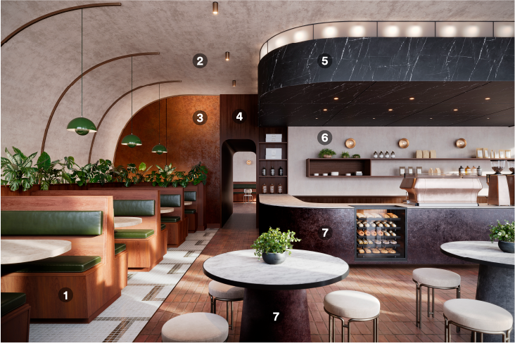 Modern cafe refreshed with DI_NOC architectural finishes
