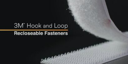 Video still of a partly separated strip with the title 3M™ Hook and Loop Reclosable Fasteners  
