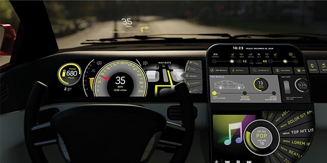 Interior of a car showing the HMI, HUD, and information display.