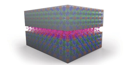 Graphic of an adhesive intermingling at the surface of substrates to show chemical adhesion and diffusion
