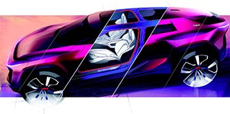 A purple sports sedan showing the white interior seats in the middle.
