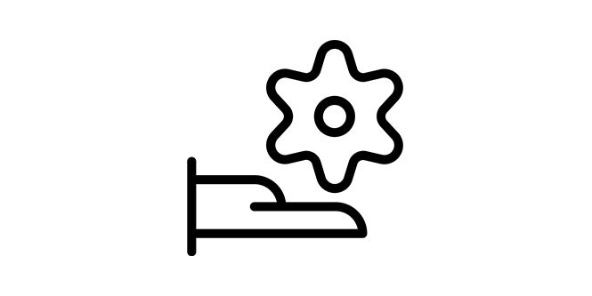 line drawing of a hand held flat with a gear above it
