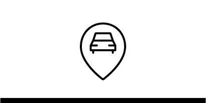 Black line art icon of a vehicle inside of a location pin.