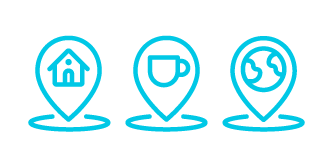 Three pins, one with a house icon, one with a coffee icon, and one with a globe icon in the pins
