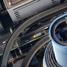 Ariel view of skyscraper and highways