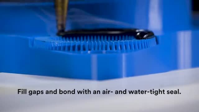 Video still of product being applied to a plastic part, with text 