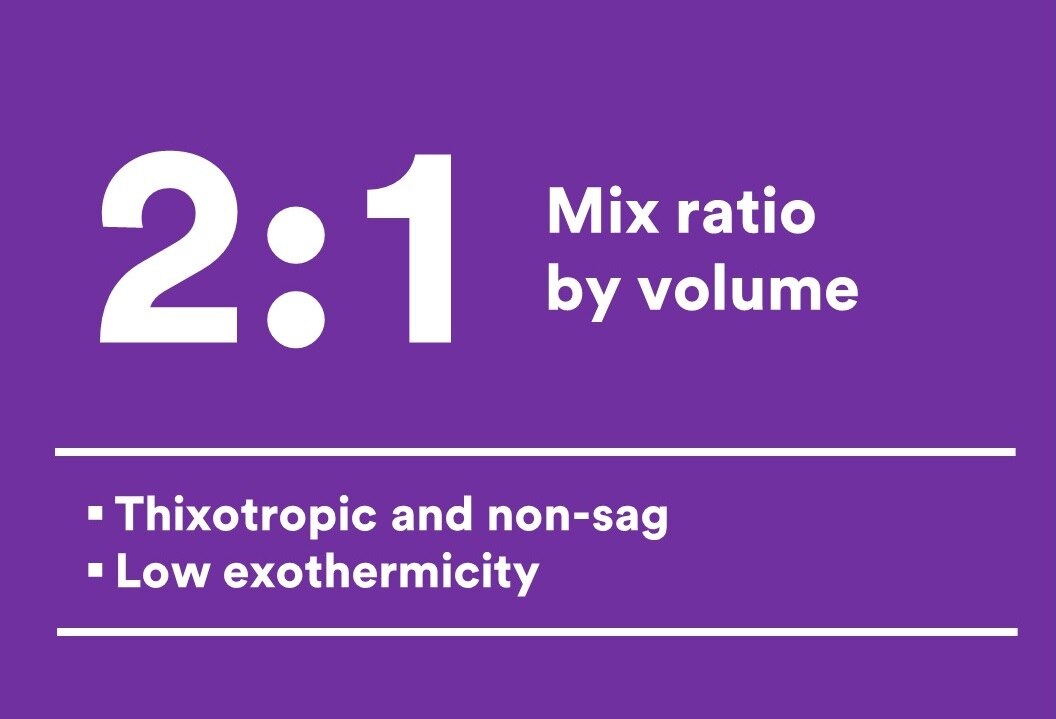Scotch-Weld EC-9356 B/A FST has a convenient 2:1 mix ratio, is thixotropic, non-sag, and has low exothermicity visual.