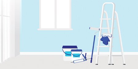 An illustration in shades of blue and grey of a room with a ladder and paint equipment.