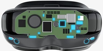 View inside AR/VR headset circuit board with EMI management materials highlighted
