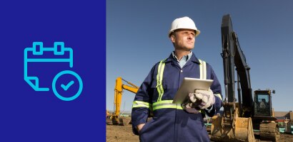 Icon of calendar and checkmark with image of worker in hard hat and other PPE