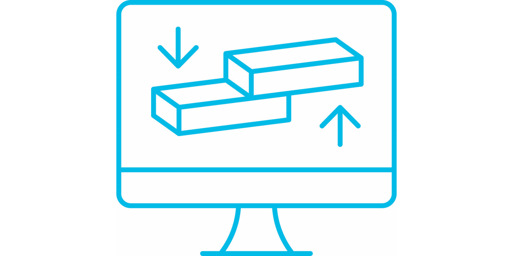 Icon of computer with 2 rectangle pieces being assembled
