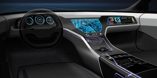 Interior of a vehicle showing the information display.
