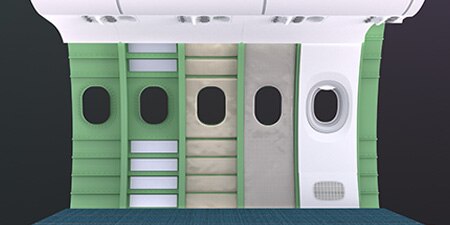 Wall Floor Ceiling of airplane showing where 3M's thermal acoustic systems can apply.
