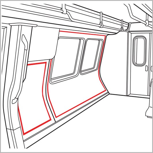Line drawing of a mass transit interior with red lines where 3M™ Dual Lock™ can be used for panel attachment
